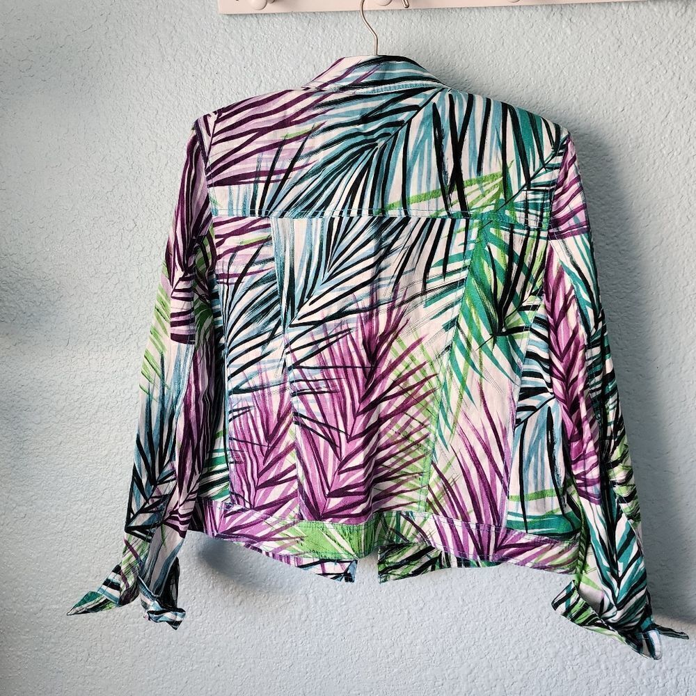 Margaret Frances 100% linen long sleeve front buttons palm leaves print jacket - Picture 7 of 12